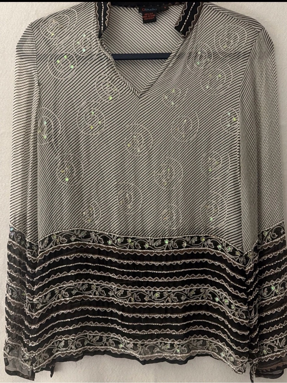 D studio Vintage Silk Embroidered Sheer Blouse Bohemian Sz S